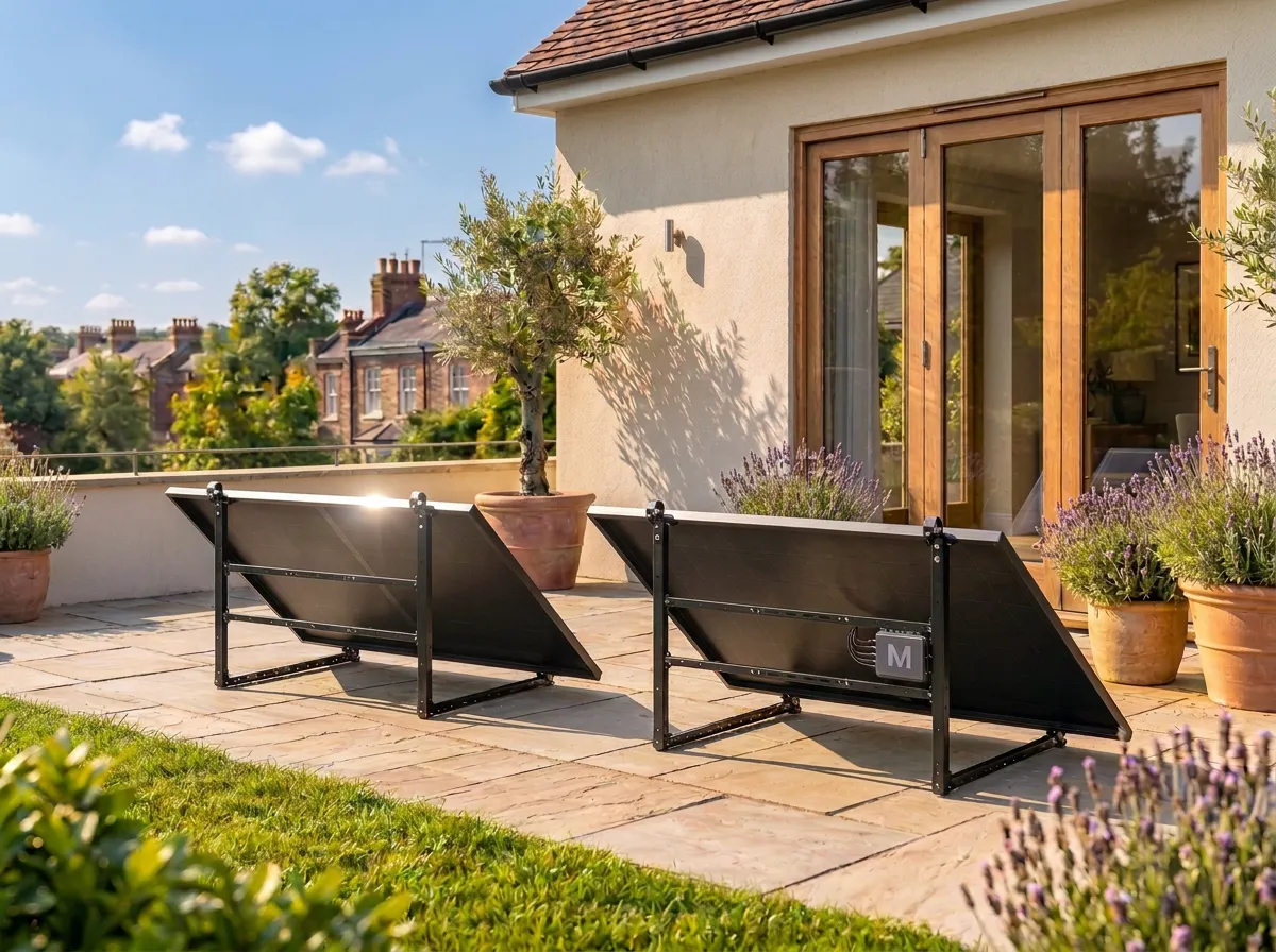 Two plug-in solar panels on ground frames in a UK back garden, plugged into an outdoor socket